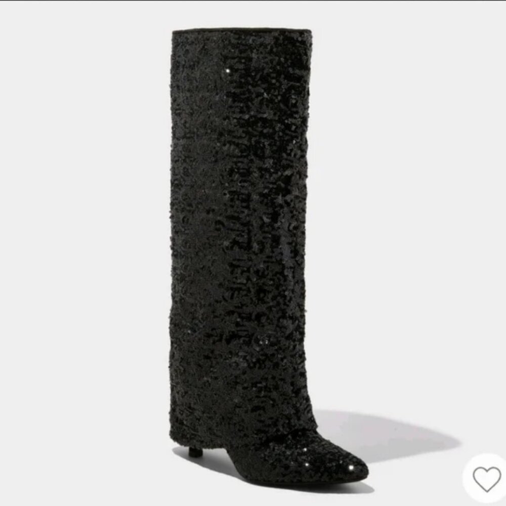 Women's Abba Sequin Foldover Heeled Boots - A New Day Black 7